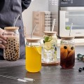 Pahar din sticla cu pai si capac din bambus 550ml